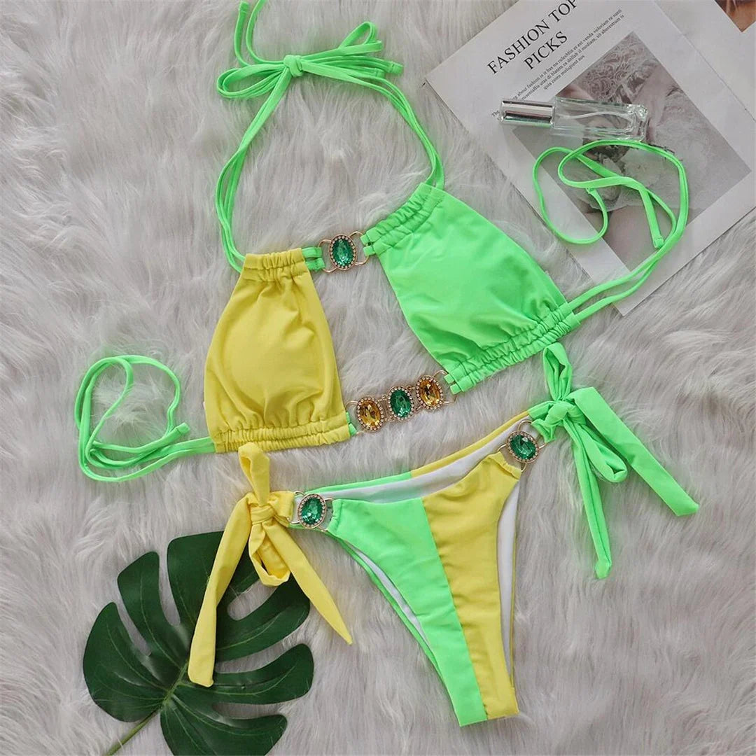 8 Colors Diamond Rhinestones Splicing Bikini Women Swimwear Female Swimsuit Two-Pieces Bikini Set Bather Bathing Suit Swim V5132