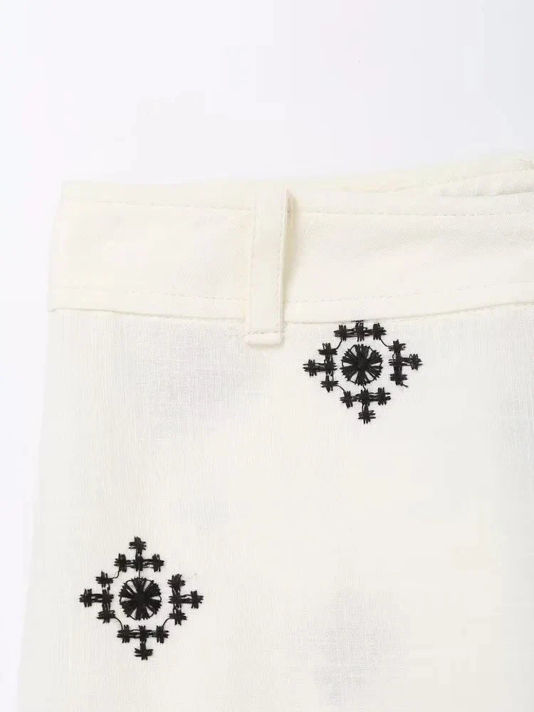 Foridol Geometric Embroidery Wide Leg Spring Summer Women Beige Long Pants Zip Fashion Trousers Pantalones De Mujer Autumn Pants