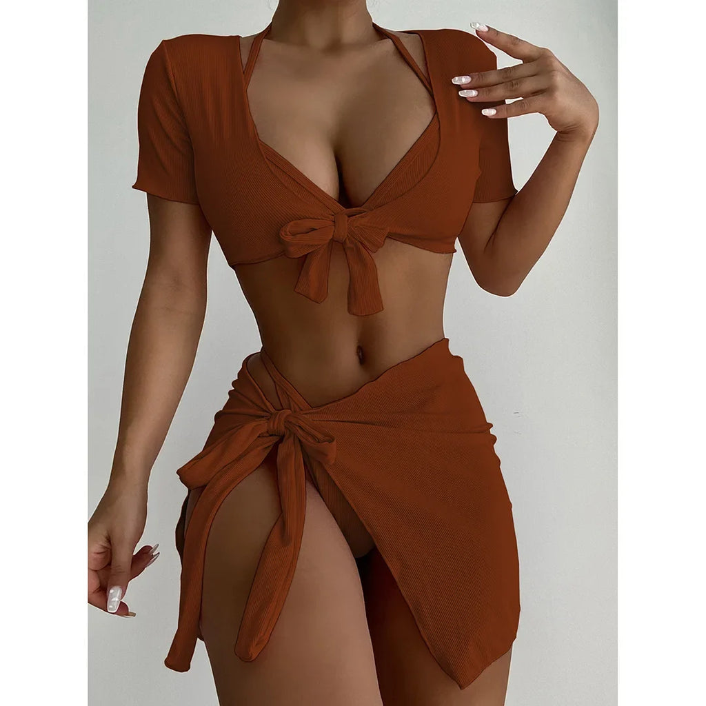 XS - L Ribbed Halter Bikini Women Swimwear Female Swimsuit Four-pieces Bikini set With Sarong Bather Bathing Suit Swim V3152B