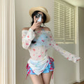 Sweet Vacation Bikini Set 2026 Women Long Sleeve Drawstring Cover Ups Pleate Short 4 Piece Swimsuit Beach Bathing Suit Swimwear