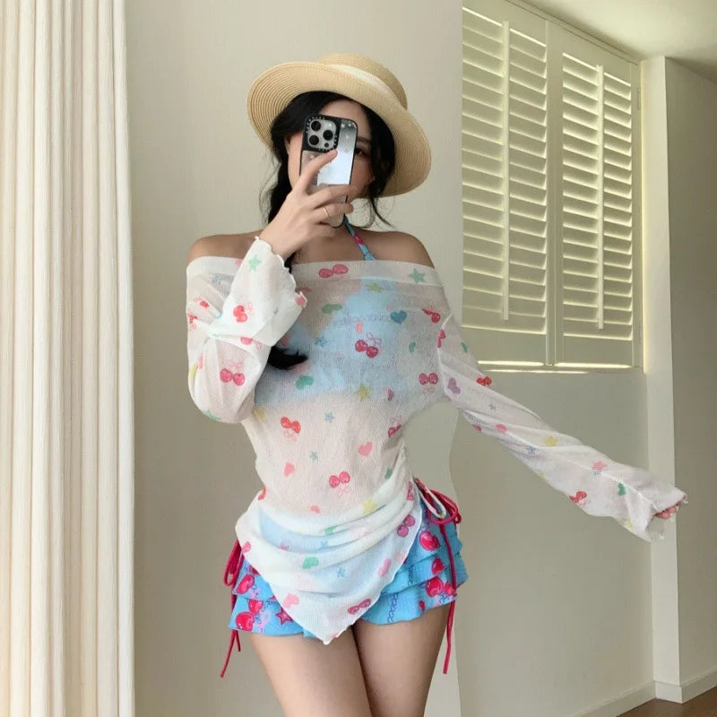 Sweet Vacation Bikini Set 2026 Women Long Sleeve Drawstring Cover Ups Pleate Short 4 Piece Swimsuit Beach Bathing Suit Swimwear