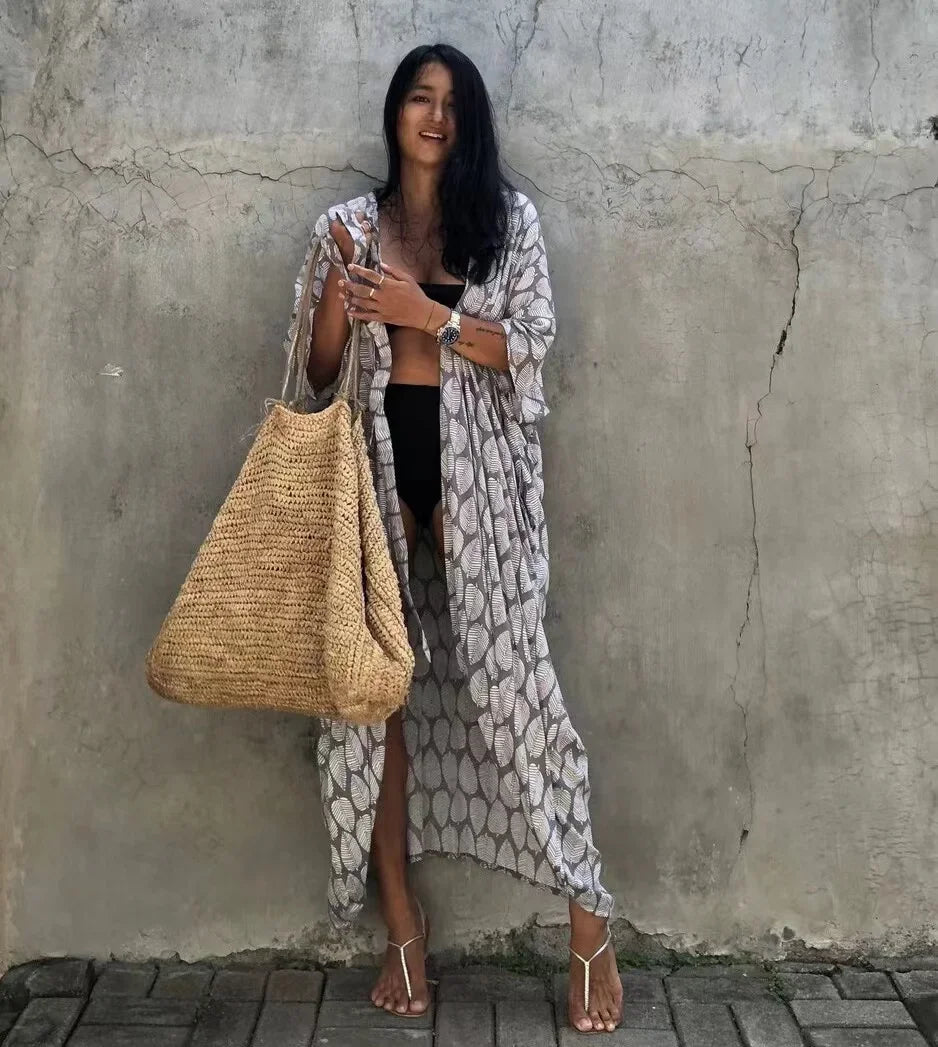 2024 New Summer Sexy Beach Kimono Swimwear Cotton Cover Up Swimsuit Women Print Bikini Cover Up Beachwear Dress Robe