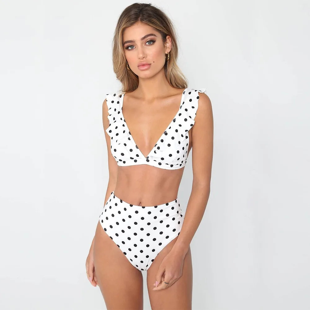 2026 Sexy Bikini Women Swimwear Swimsuit Dot Ruffle High Waist Deep V Bikinis Set Beach Bathing Suit Female Trajes De Bano Mujer