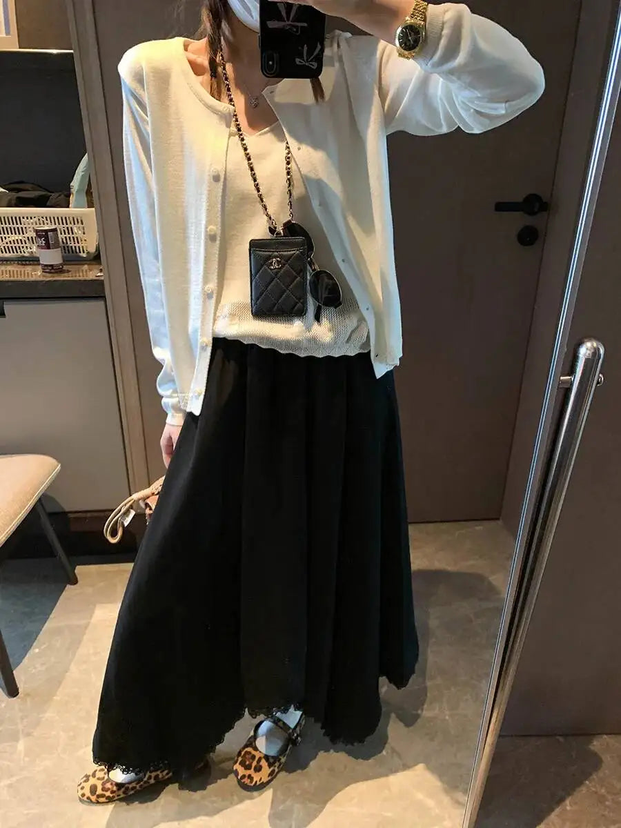 Spliced Lace Elastic High-waisted Slimming Skirt White Lace Trim Skirt Elastic Waist Casual Summer Style Skirt For Women 6S7Q
