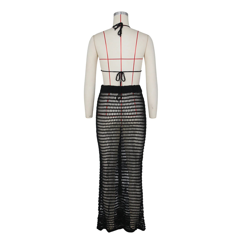 DEKA Beach Cover Up High Split Crochet Knitted Tunic Beach Dress Beach Wear Beachwear Women Long Knit Hollow Tassels Skirt Suit