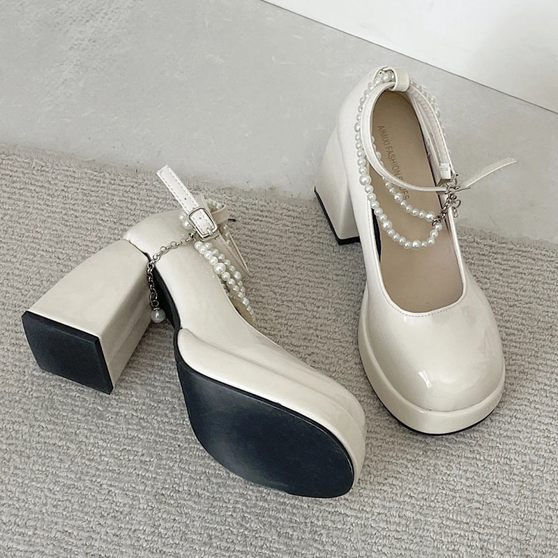 10cm Super High Heels Mary Jane Shoes Women Fashion Patent Leather Platform Pumps Woman Pearls Chain Ankle Strap Party Shoes