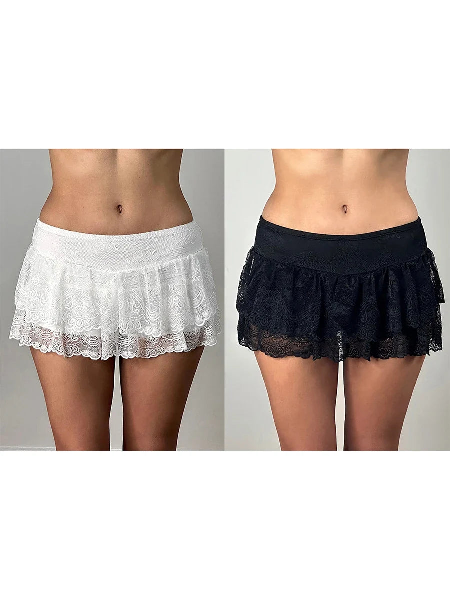 Women's Summer Sexy Casual Skirt Solid Color Low Waist Lace Ruffled Skirt with Lined Shorts