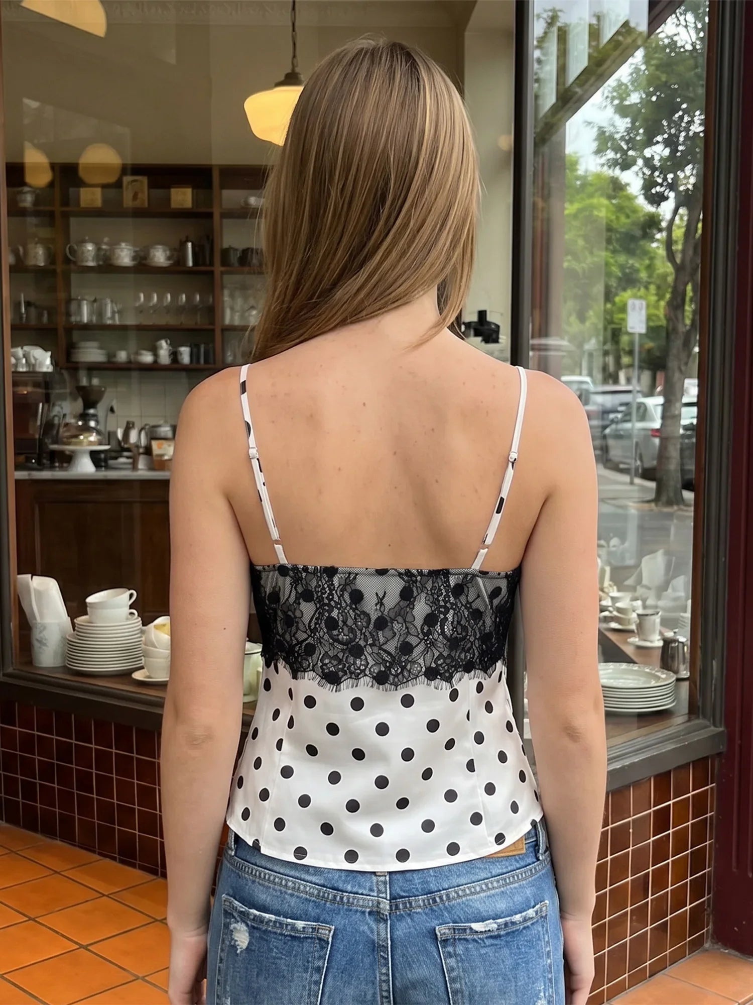 2026 Summer Women Camisole Vest Spaghetti Strap Dot Print Lace Design Slim Fit Tie Bow Front Backless V Neck Tank Tops Stylish