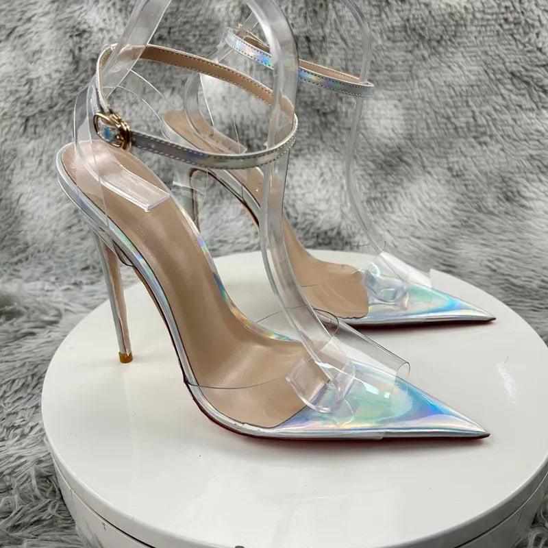 Clear PVC Patchwork Sandals  Newest Transparent Straps Stiletto Heel Sandals Sexy Laser silver High Heels Wedding Shoes12cm