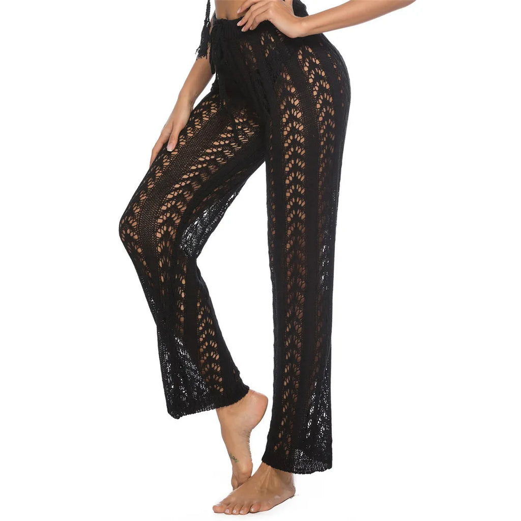 S - XL Women Crochet Knitted Beach Pants Hollow Out Elastic Straight Casual Trouser Holiday Beach Wide Leg Bikini Cover Up V2651