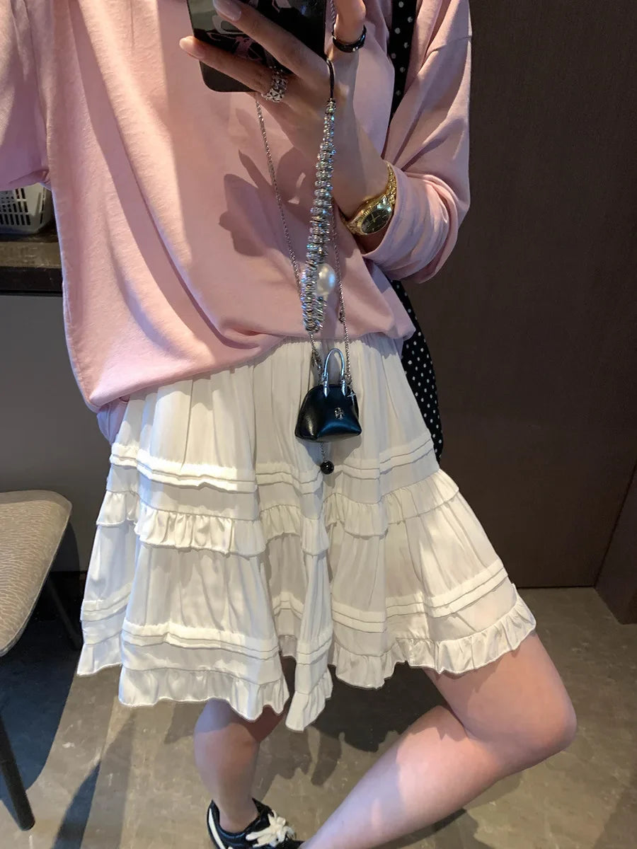 Sweet Korean Style Lace Loose Short Skirt White Tiered Ruffled Mini Skirt Elastic Waist Cute Casual Summer Skirt For Women EHAB