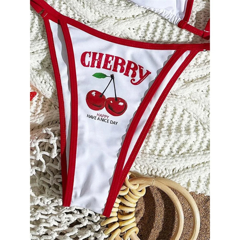 XS -XL Cherry Printed Short Sleeve Bikini Female Swimsuit Women Swimwear Three-pieces Bikini set Bather Bathing Suit Swim V6854