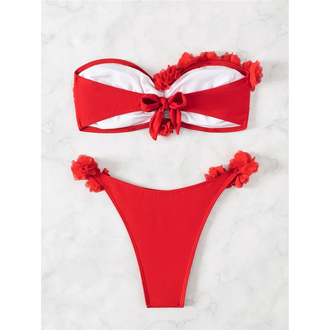XS - L 3D Flowers Bandeau High Cut Bikini Women Swimwear Female Swimsuit Two-Pieces Bikini Set Bather Bathing Suit Swim V5961
