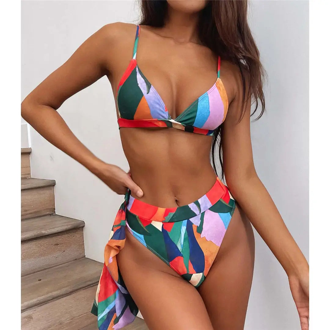 S - XXL Colorful Print High Waist Bikini Female Swimsuit Women Swimwear Three-Pieces Bikini Set Bather Bathing Suit Swim V2805