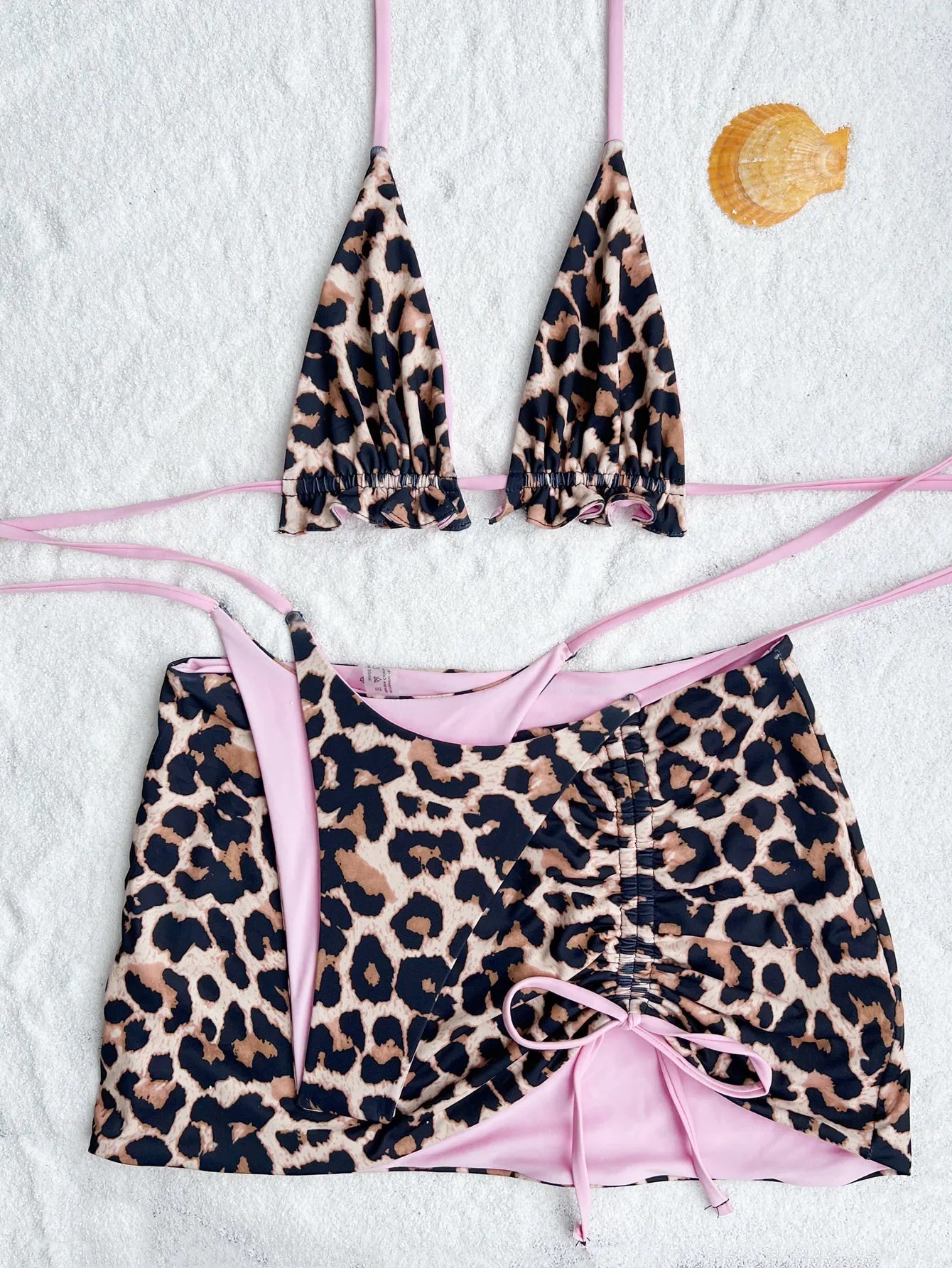 2026 Summer Leopard Print 3 Pieces Suit Swimwear Reversible Sexy Halter Lace-up Bikini Set Drawstring Skirt Cover Up Beachwear