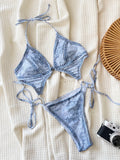 Women Denim Print Metallic Swimsuit One Piece Halter Hollow Backless Bikini Swimwear Bathing Suit Beach Outfits Bodysuit Biquini
