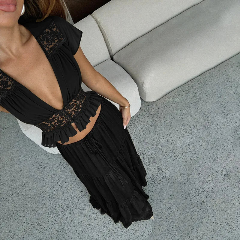 FDYOUI Sexy V-neck Lace Patchwork T-shirt Tops+Long Skirt 2 Piece Set Women's Summer Green Holiday Party Dress Suit Streetwear