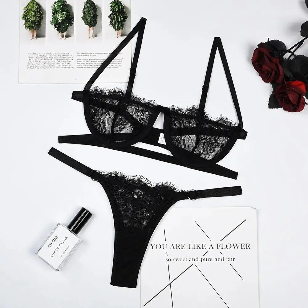 2 Pieces Sexy Lingerie Fancy Lace Erotic Set Transparent Underwear Fairy Embroidery Brief Sets Delicate Bra  Push Up Breves Kit