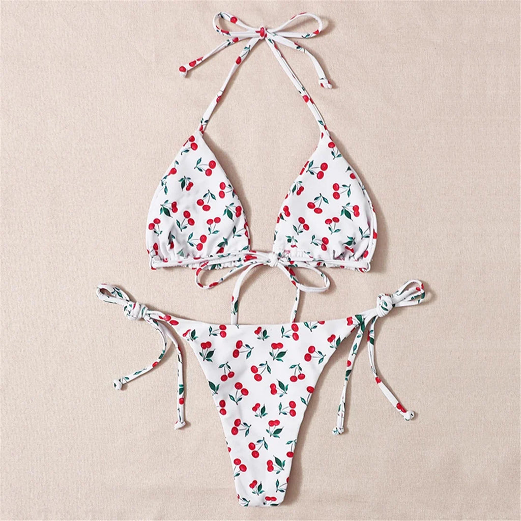 XS - L Cherry Printed Halter Strappy Bikini Female Swimsuit Women Swimwear Two-Pieces Bikini Set Bather Bathing Suit Swim V4894