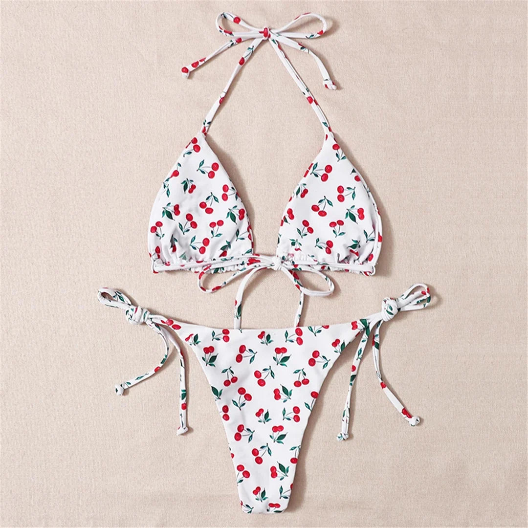 XS - L Cherry Printed Halter Strappy Bikini Female Swimsuit Women Swimwear Two-Pieces Bikini Set Bather Bathing Suit Swim V4894