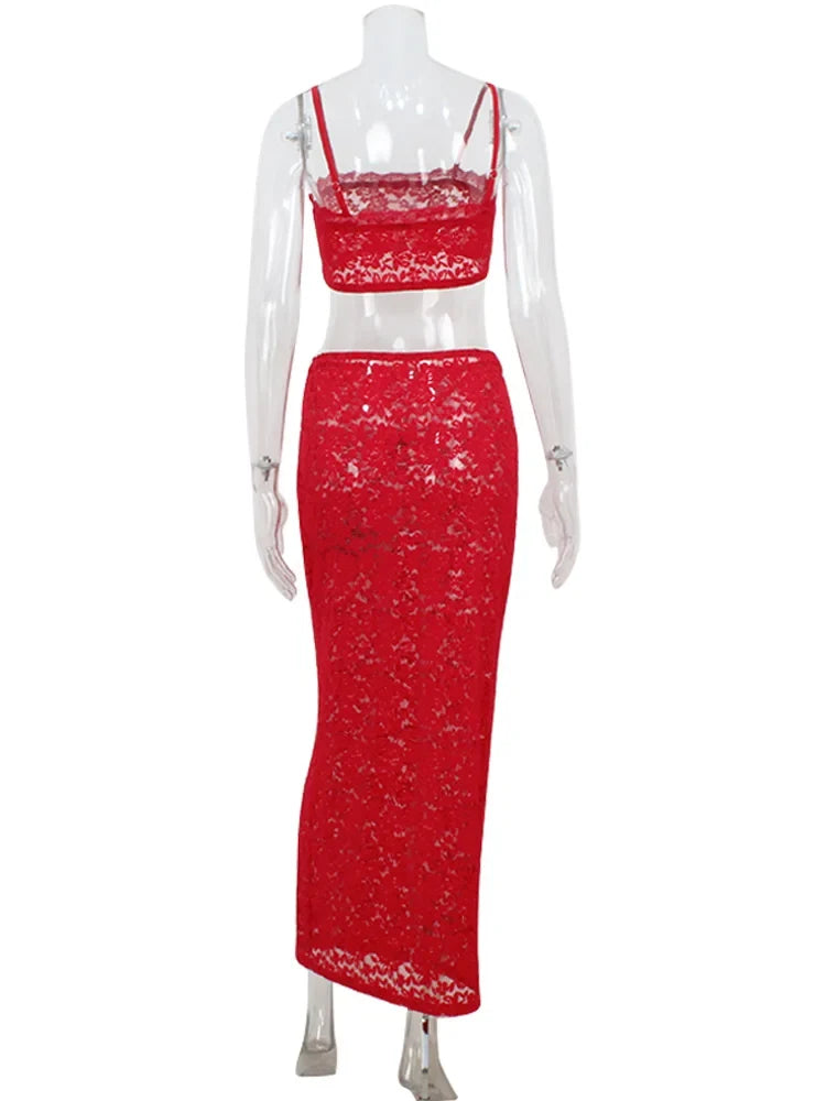 Ahagagag Sexy Lace Women's Sets Suits Fashion Straps Sheath Beach Style Sleeveless Backless Sheer Elegant Female Tracksuits
