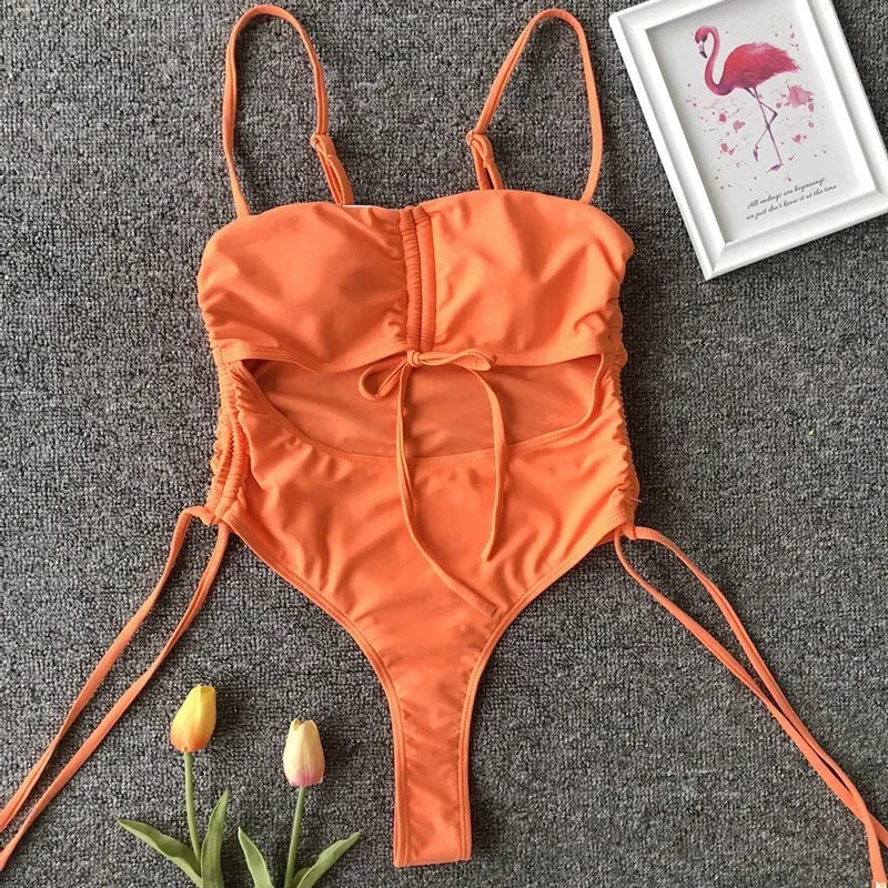 Neon Green Tummy Cut Out Female Swimwear One Piece Swimsuit Women Thong String Monokini High Leg Cut Bathing Suit Swim Bodysuit