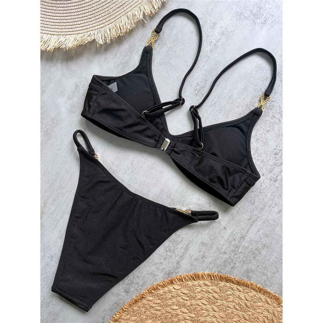 10 Colors V Neck Rhinestones Bikini Female Swimsuit Women Swimwear Two-pieces Bikini Set Padded Bather Bathing Suit Swim V8138