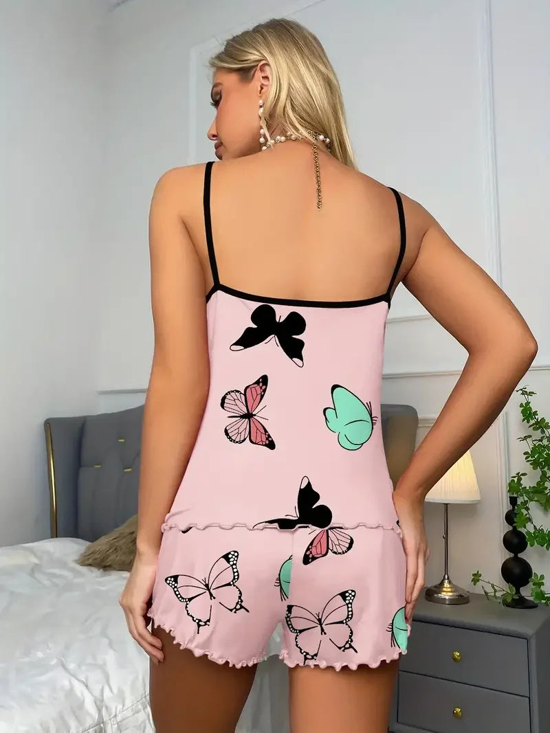 Summer Sleepwear Women Butterfly Print Pajamas Set Lettuce Trim Cami Top and Elastic Waistband Shorts Set Loungewear