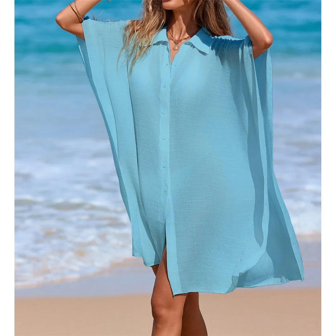 4 Colors Short Sleeve Long Shirt Top Blouse Tunic Beach Dress Beach Wear Beachwear Beach Cover Up Cover-upsFemale Women V7538