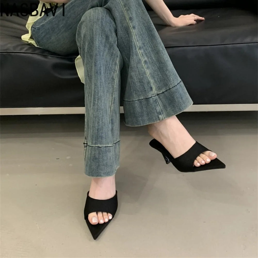 Ladies French Office OL High-heeled Slippers Shoes Fashion Pointed Sexy Women Open Toes Stripper Slides New 2026 Sandals Yellow