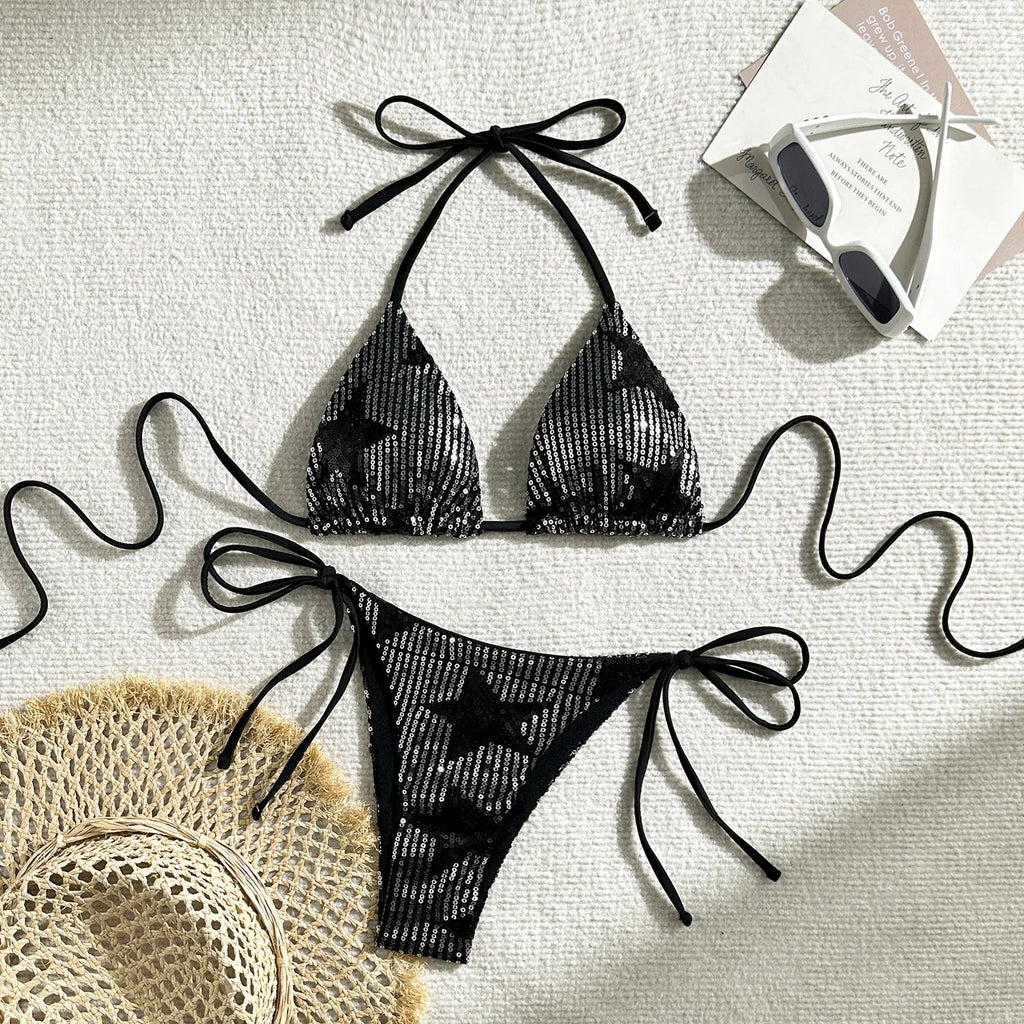 Sparkling Star Sequins Halter Bikini Women Swimsuit Female Swimwear Two Pieces Bikini Set Brazilian Bathing Suit Swim Beachwear