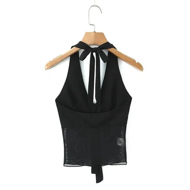 Vietnamese Sexy Halter Neck Strap Tank Top Feminine Mesh Transparent Slim Fit Large Open Back Short Camisole Top Casual RUKJ