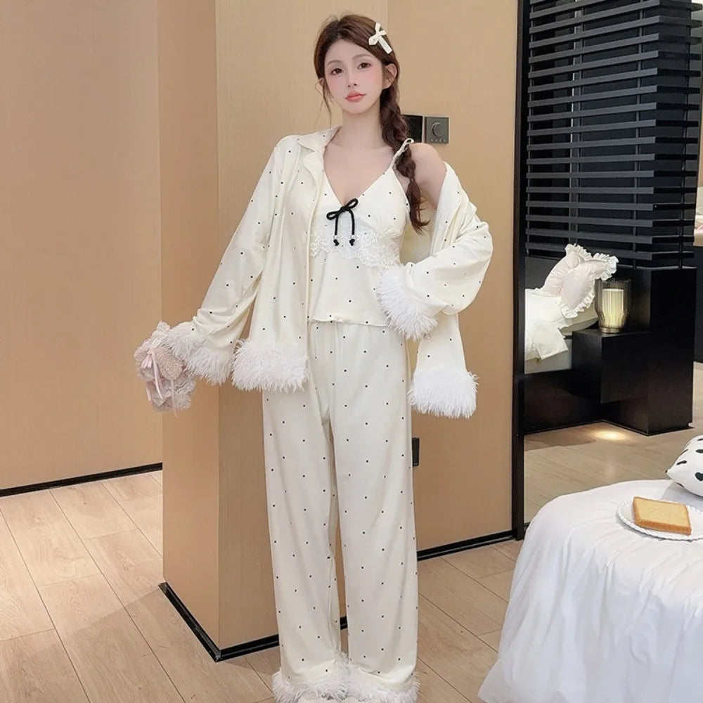 Fashionable Home Pajamas Three-piece Set Island Velvet Pajamas Spring and Autumn Suspenders Sexy Homewear Casual Suit