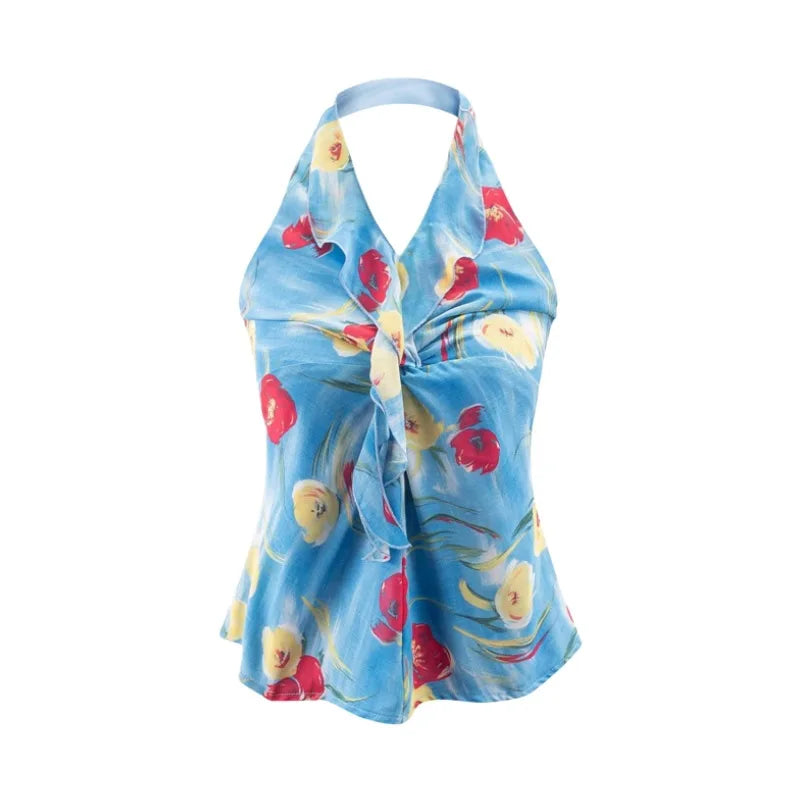Deep V-neck Halter Neck Camisole For Women With Cross-tie Front Sexy Open Back Printed Design Perfect For Vacations Fashion AKE0