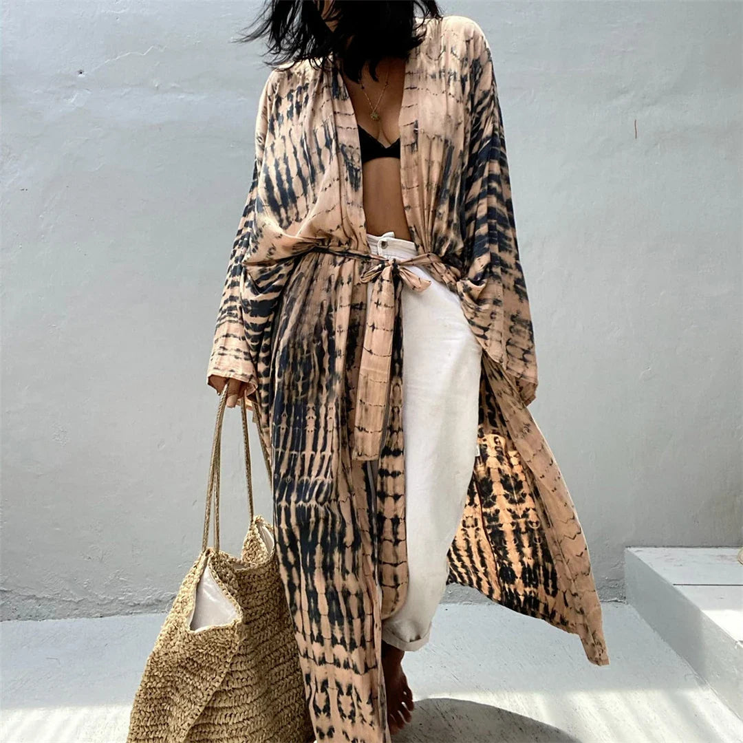 New 10 Colors Printed Long Sleeve With Belt Tunic Beach Cover Up Cover-ups Beach Dress Beach Wear Beachwear Female Women V4521