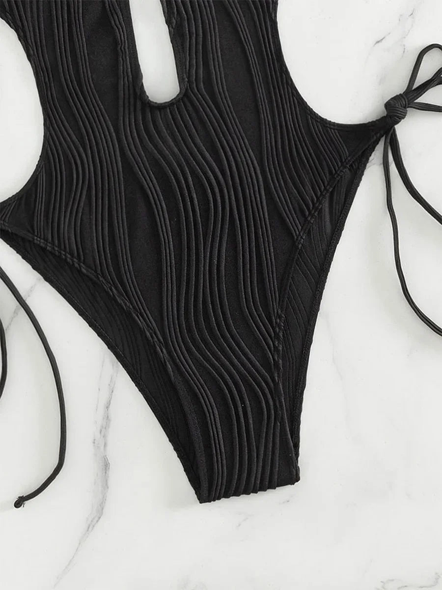 S - XXL Halter V Neck Wrinkled Female Swimwear One Piece Swimsuit Women Backless Monokini High Cut Bathing Suit Swim Beach Wear