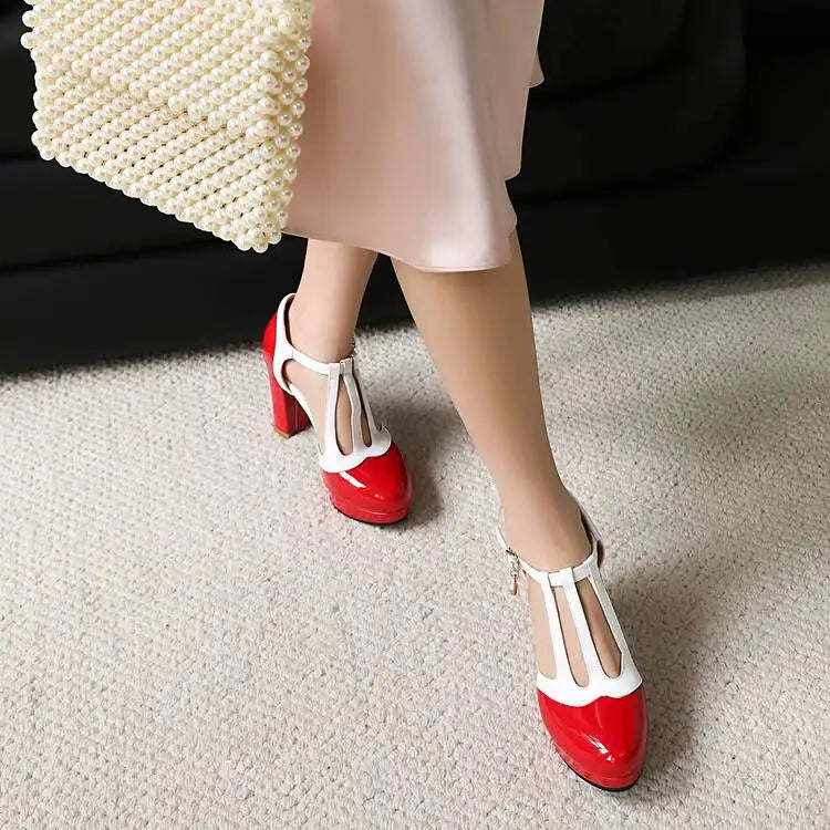 Spring Autumn New Style Fashion High-heeled Women's Shoes Color Block Round Head Shallow Mouth Buckle Square Heel Women's Shoes