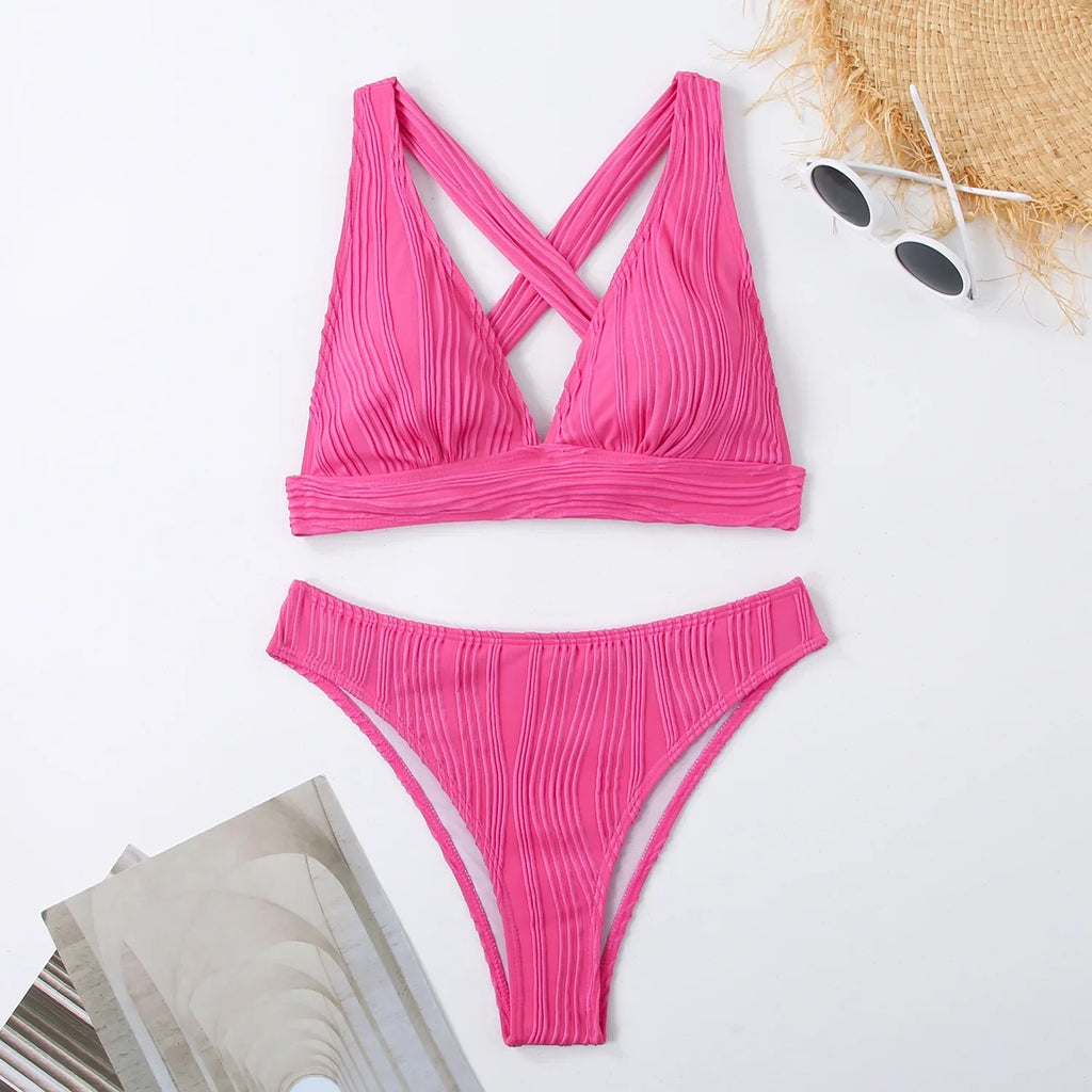 Wrinkled Crinkled Cross Back Bikini Women Swimwear Female Swimsuit Two-pieces Bikini Set High Cut Bathing Suit Swim Beach Wear
