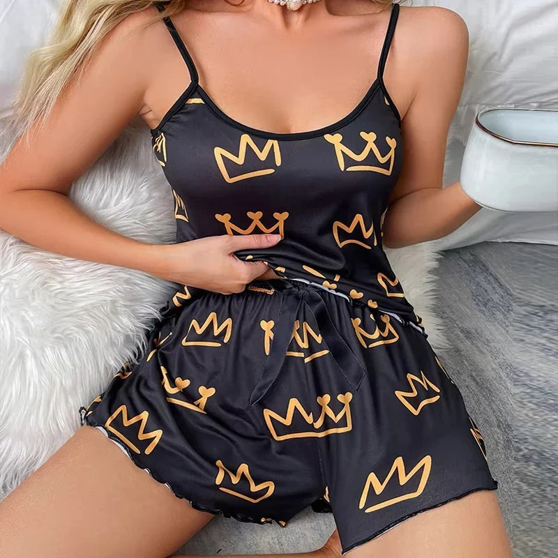 Summer Y2K Cute Crown Cartoon Print Top and Shorts Sleepwear Women 2Pcs Pajamas Set Loungewear Sexy Pyjamas