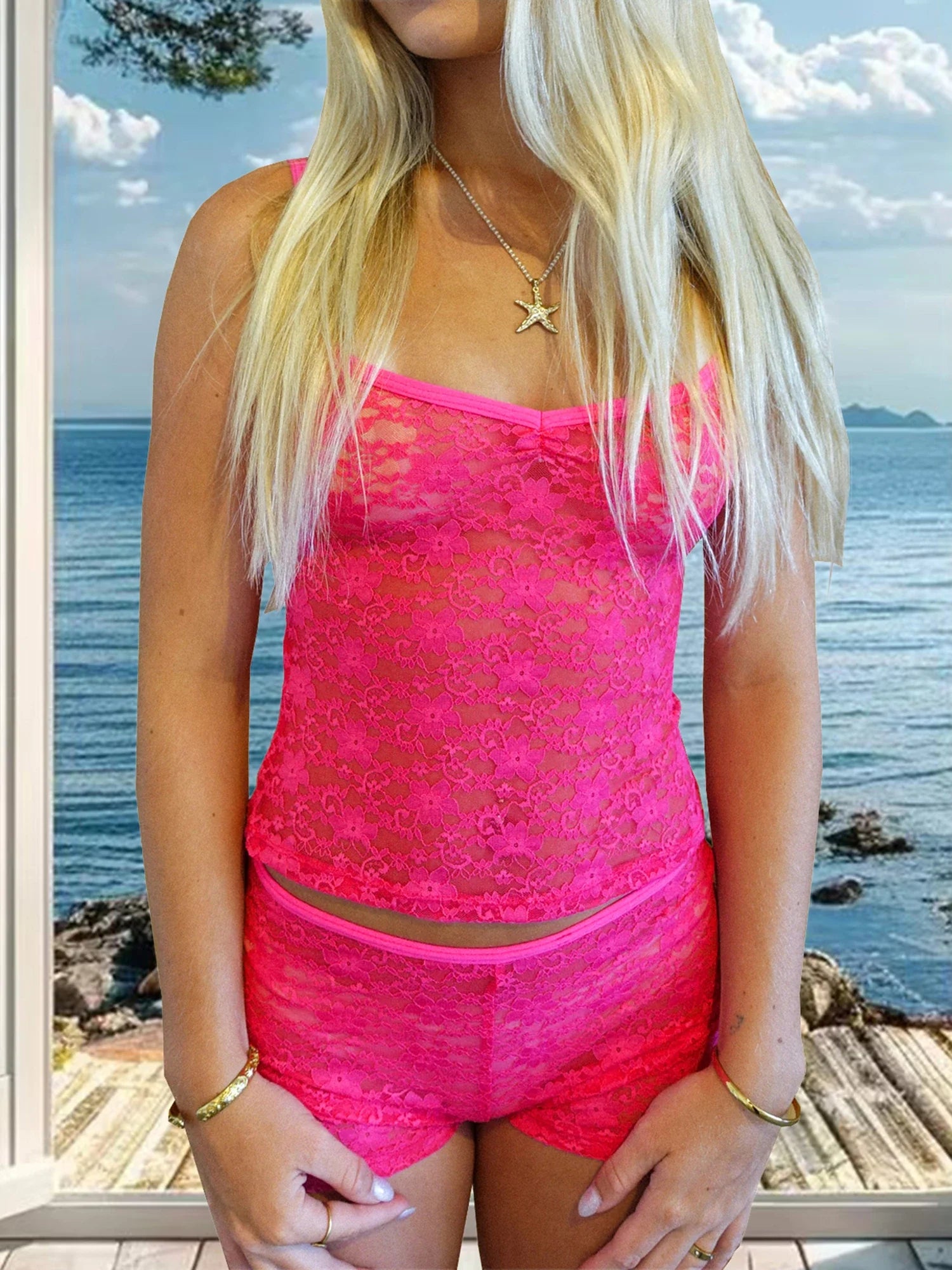 Women 2 Piece Sets See-Through Floral Lace Crop Camisole Tops and Shorts Casual Sexy Club Beach Clothes