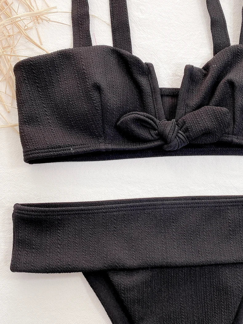 2026 Sexy Bikini Women V-neck Bowknot High Waist Black Swimwear Swimsuit Bikinis Set Bathing Suit Bikini Female Push Up Biquinis