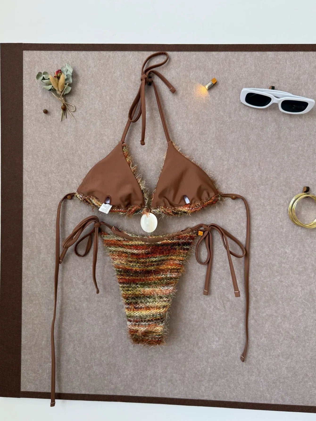 Sexy Coffee Striped Micro Bikini 2026 Women Towel Cloth Circle Push Up Bra Tie Side Thong Swimsuit Bathing Suit Holiday Swimwear