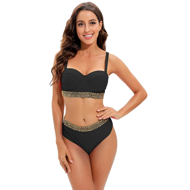2026 Sexy Bikini Women Push Up Swimwear Swimsuit Gold Wavy Edge Patchwork High Waist Bikinis Set Bathing Suit Biquinis Feminino