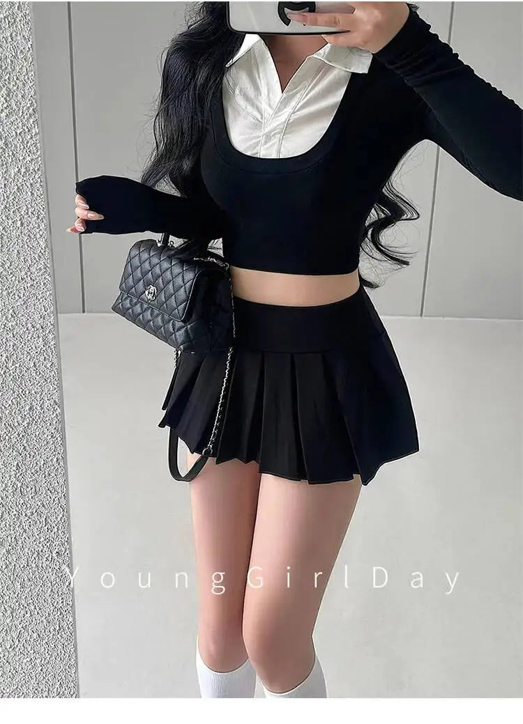 WOMENGAGA Fahsion Women Skorts Spicy Girl Sexy High Waist SlimA-LINE Pleated Skirt Half Body Short Skirt Sweet Korean Style 8NDZ