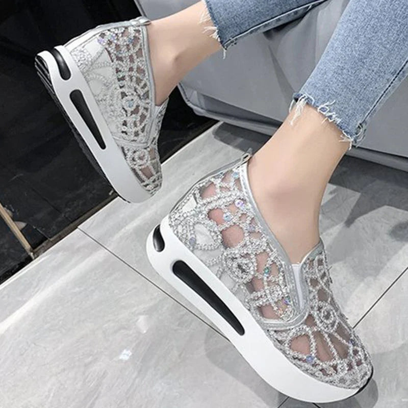 Spring Autumn Luxury Crystal Sneakers Women Breathable Mesh Sports Shoes for Woman Retro Low Top Platform Vulcanize Shoes Lady