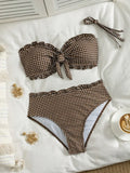 Vintage Coffee Plaid Print Bikini Set Women Bandeau Front Tie Push Up Bra High Waist Swimwear 2026 Beach Bathing Suit Swimsuit