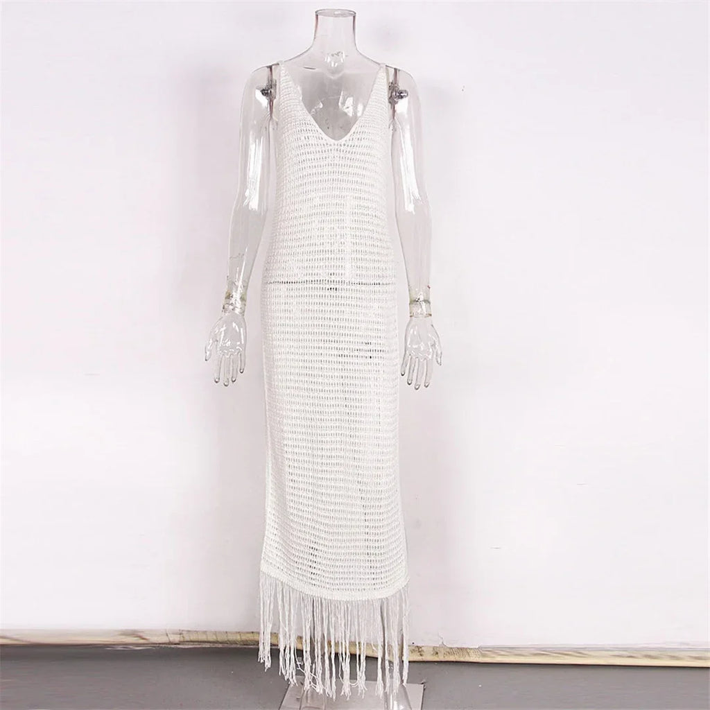 Sexy Fringe Tassel Knitted Crochet Tunic Beach Cover Up Women Long Dresses Cover-ups Beach Dress Beach Wear Beachwear Female