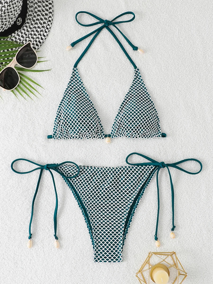 2026 Halter String Triangle Bikini Women Sexy Swimwear Female Mesh Swimsuit Solid Bathers Bathing Swimming Swim Suit Beachwear