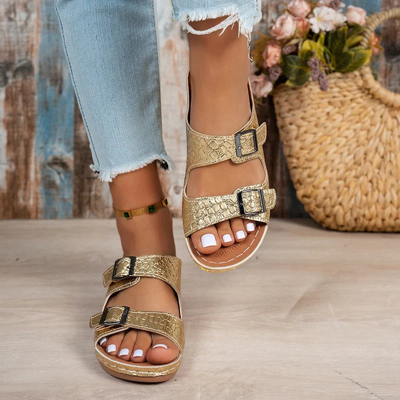 Lightweight Double Buckle Platform Sandals Women Gold Silver Summer Wedge Heeled Sandals Woman Open Toe Thick Sole Sandles 2026