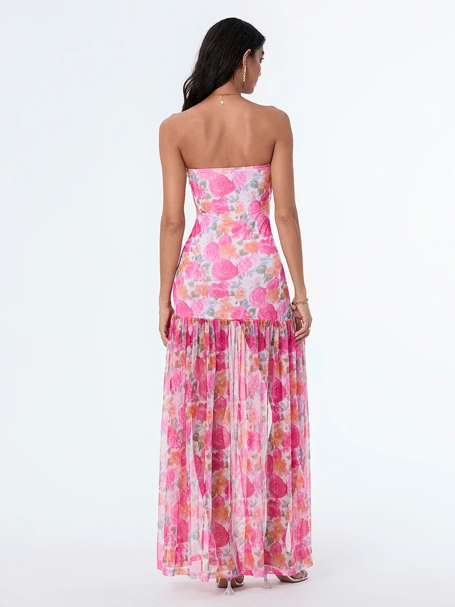 Women’s Tube Top Dress Bohemian Printed Strapless Mesh High Slit Long Dress Summer Evening Party Beach Sexy Club Dresses Summer